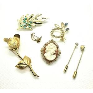 Vintage Brooch Pin Lot: Pearl, Krementz Gold, Rhinestones, Cameo, Ornate Floral